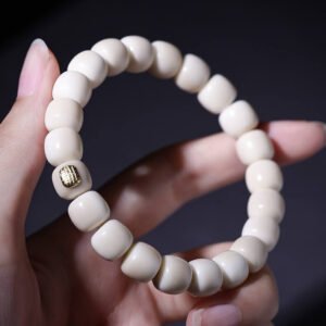 #02060120 white-jade bodhi seeds with brand label Buddha bracelet