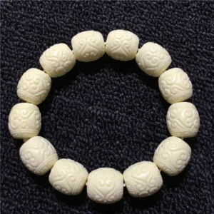 #02122155 Ivory Nut Barrel Bead Bracelet Carved with Auspicious Clouds