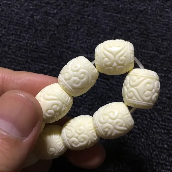 #02122155 Ivory Nut Barrel Bead Bracelet Carved with Auspicious Clouds - Image 4