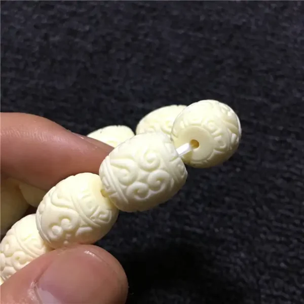 #02122155 Ivory Nut Barrel Bead Bracelet Carved with Auspicious Clouds - Image 5