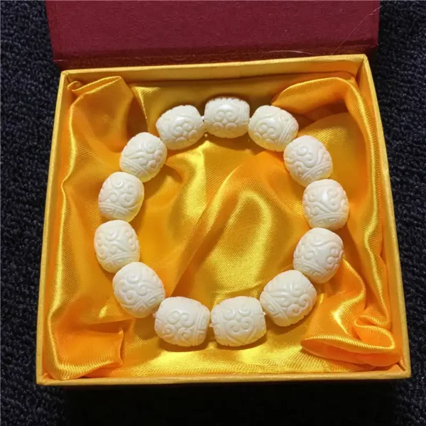 #02122155 Ivory Nut Barrel Bead Bracelet Carved with Auspicious Clouds - Image 6